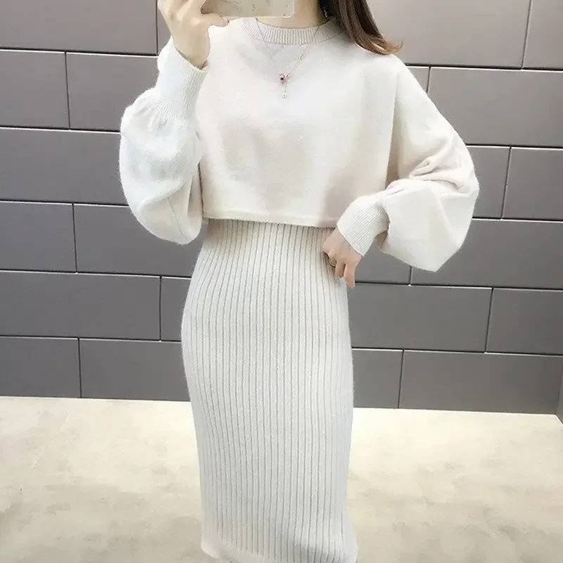 

Autumn and Winter Fashion Knitted Set Women's Elegant Loose Sweater Tank Top Strap Skirt Two Piece Set