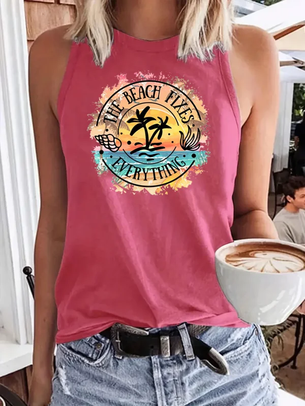 2024 New Hot Sale Fashion Summer Beach Party Female Casual Tanks The Beach Fixes Everything Slogan Women Individuality Tops