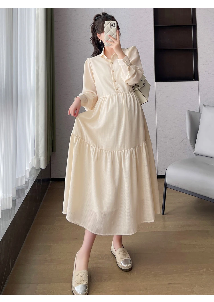 2025 Autumn Maternity Brief Dress Solid Color Long Sleeve Turn-down Collar  Plus Size Pregnant Woman Elegant Chiffon Dress Beige - AliExpress 1501