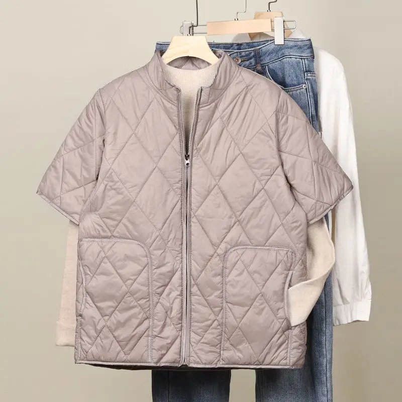 Women Stand Collar Half Sleeve Quilted Jacket Zip Up Rhombus Stitching Warm Shoulder Protection Outerwear