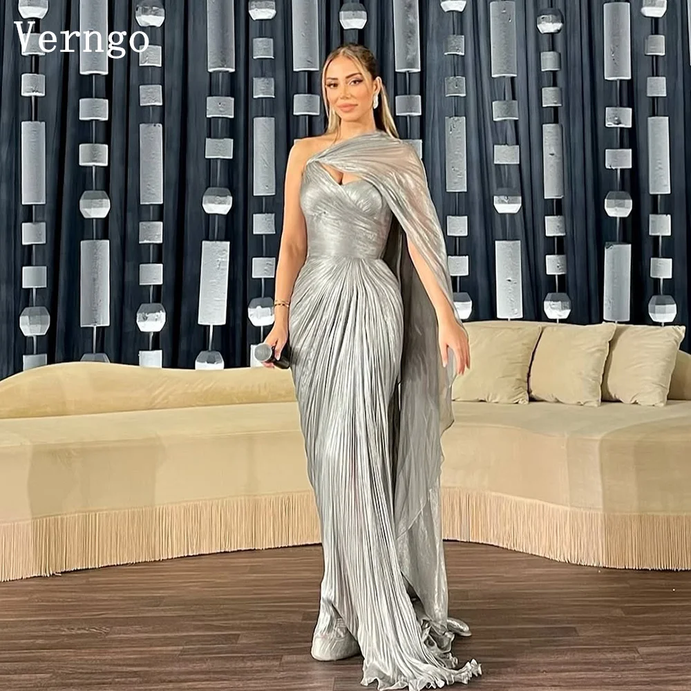Verngo Silver Shiny Satin Evening Dress Mermaid Maxi Formal Occasion Dress Elegant Saudi Arabic Prom Gowns Customized