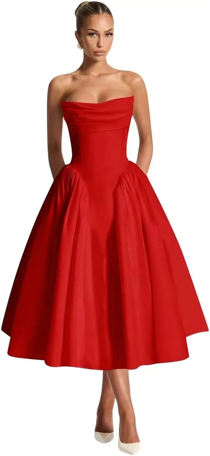 Robe de bal en Satin, longueur thé, robe de bal, sans bretelles, froncée, robe de soirée formelle pour femmes, robes de Cocktail