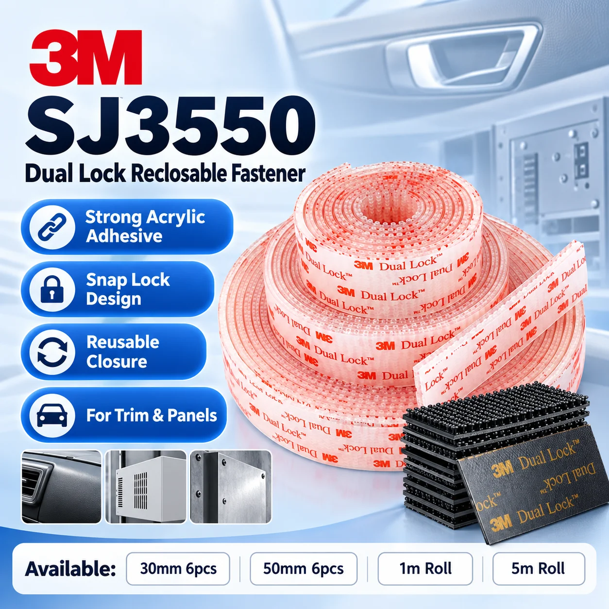 3M SJ3550 Dual Lock Reclosable Fastener Type 250 Acrylic Adhesive Tape For Automotive Trim Panels 30mm 50mm 6pcs 1m 5m
