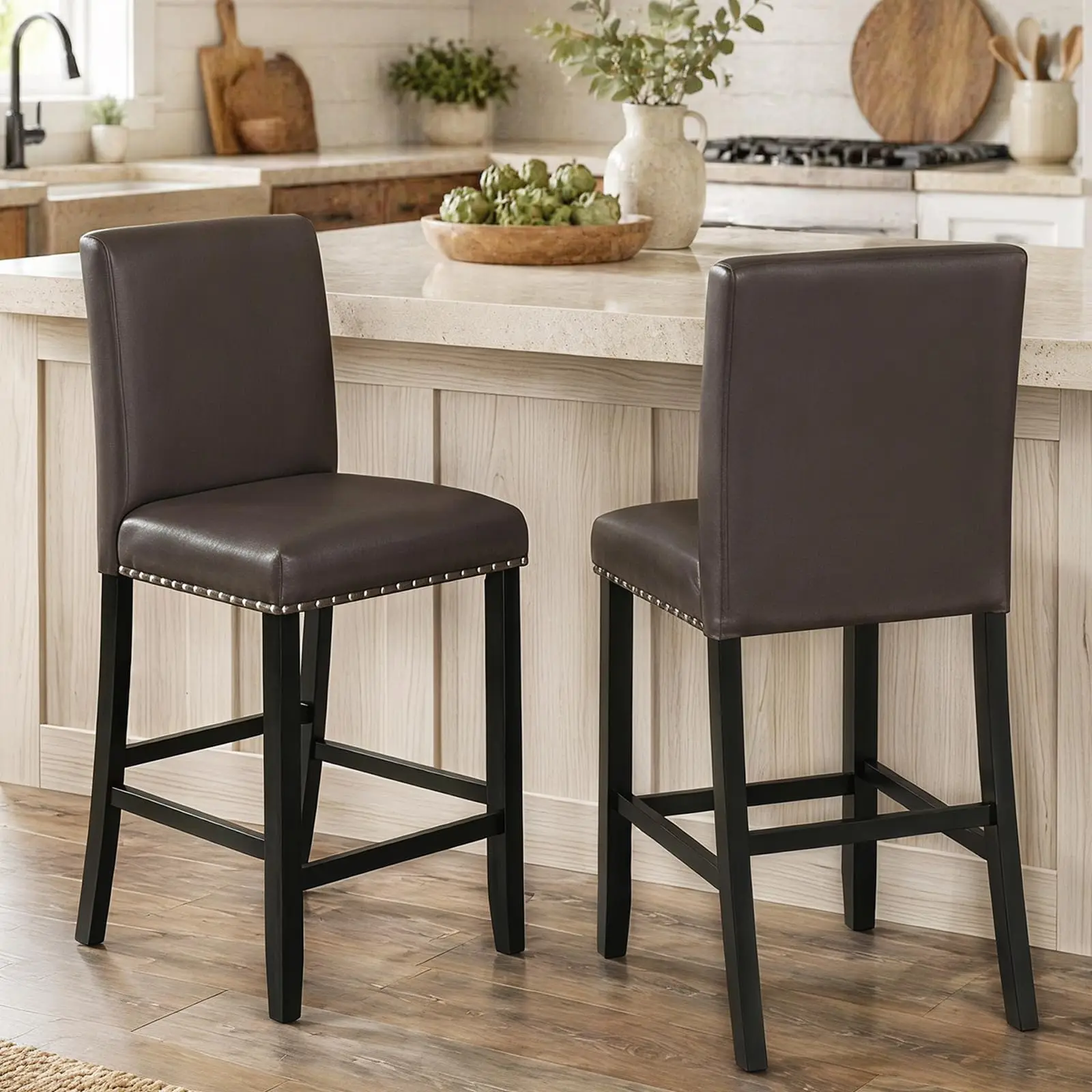 Counter Height Bar Stools Set of 2 with PVC Leather Back and Seat