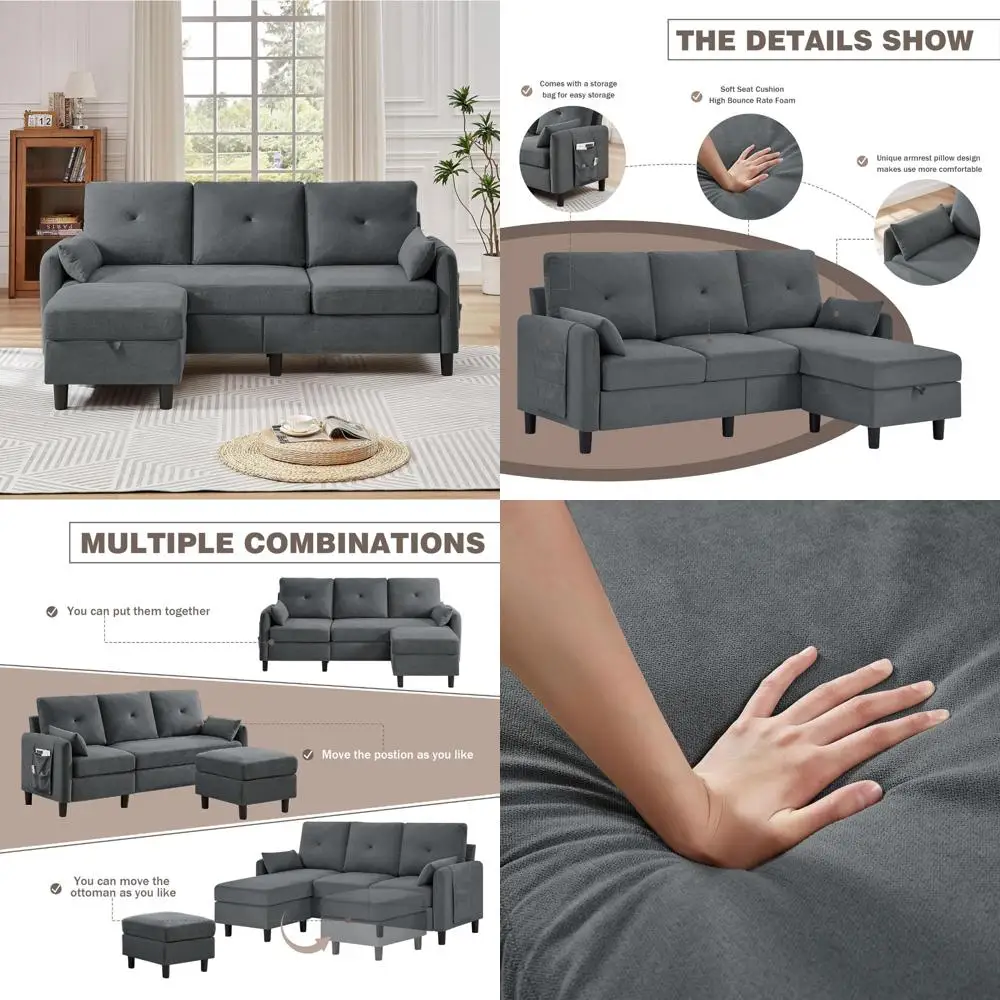 modern 3-seat l-shaped sectional sofa with reversible storage chaise, 77
