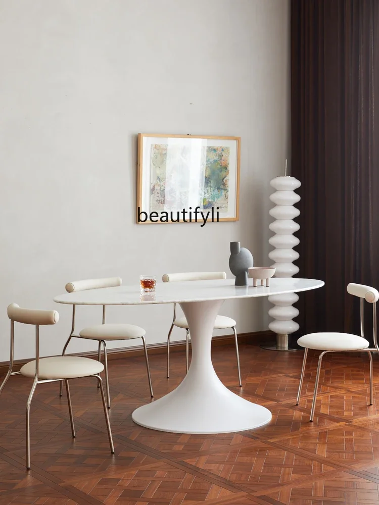 

Nordic Simple Oval Natural Marble Dining-Table Mid-Ancient French Vintage Style Villa Luxury Stone Dining TableA16