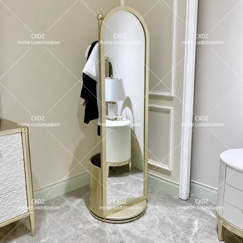 Solid Wood Rotating Full Length Mirror Floor Standing High End Bedroom Full Body Makeup Mirror with Coat Rack Integrated
