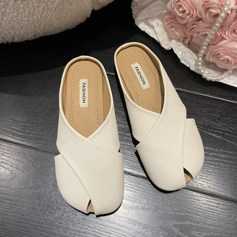 Women Baotou Half Slippers Summer New Fashion Style Soft Soled Braided Leather Casual Fish Mouth Mule Flip Flops