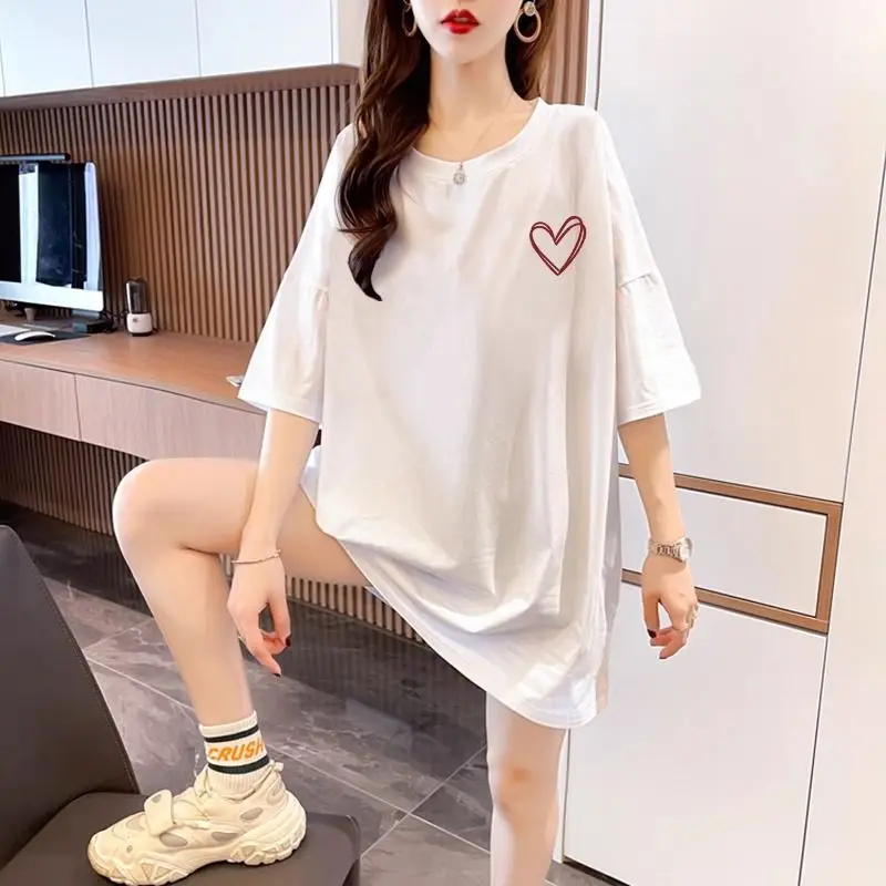 Korean Simplicity Versatile Summer Pure Cotton O-Neck Women\'s Printing Fashion Casual Loose Short Sleeve Mid-length T-Shirts Top