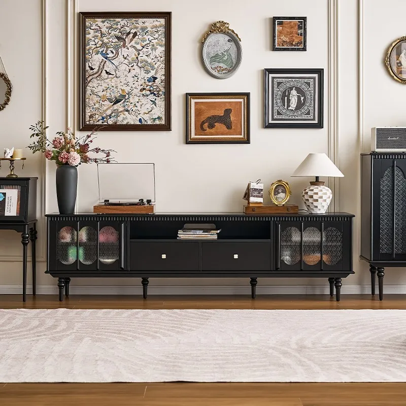 French retro solid wood light luxury black TV cabinet floor-standing simple modern storage storage