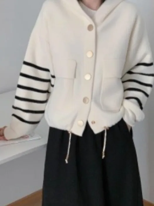 

Осенний женский трикотаж с капюшоном, верхняя одежда, свободный полосатый дизайн, вязаный открытый кардиган, модный корейский Sle, новинка 2025, A...