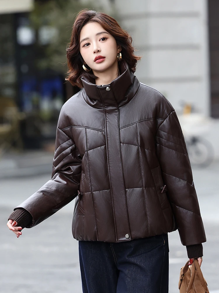 Giacca in Vera Pelle da Donna, Cappotto Casual Imbottito in Piuma d'Oca, Pelliccia di Agnello, Caldo e Imbottito con Chiusura a Cerniera, Nuovo Modello Invernale