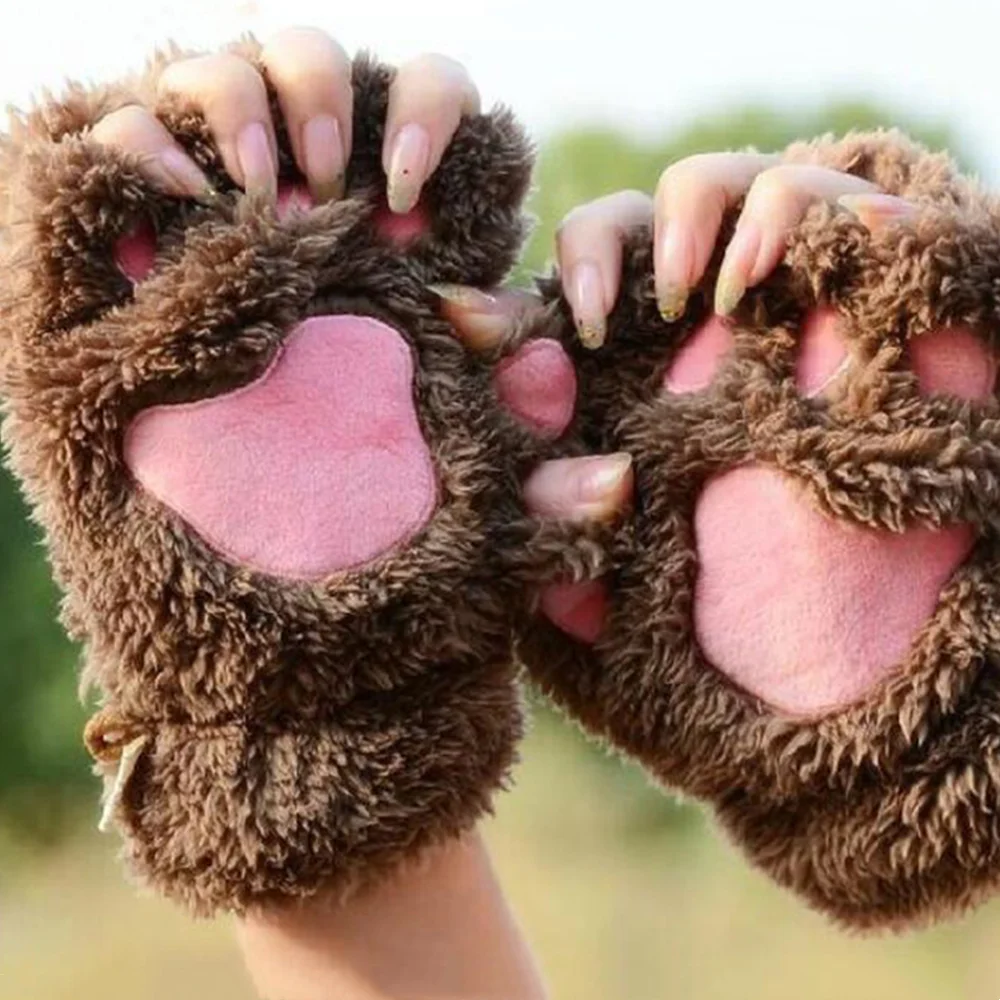 Women Cute Plush Cat Claw Paw Gloves For Girl Novelty Hand Warmer Flip Half Finger Gloves Winter Warm Fingerless Bear Cat Gloves