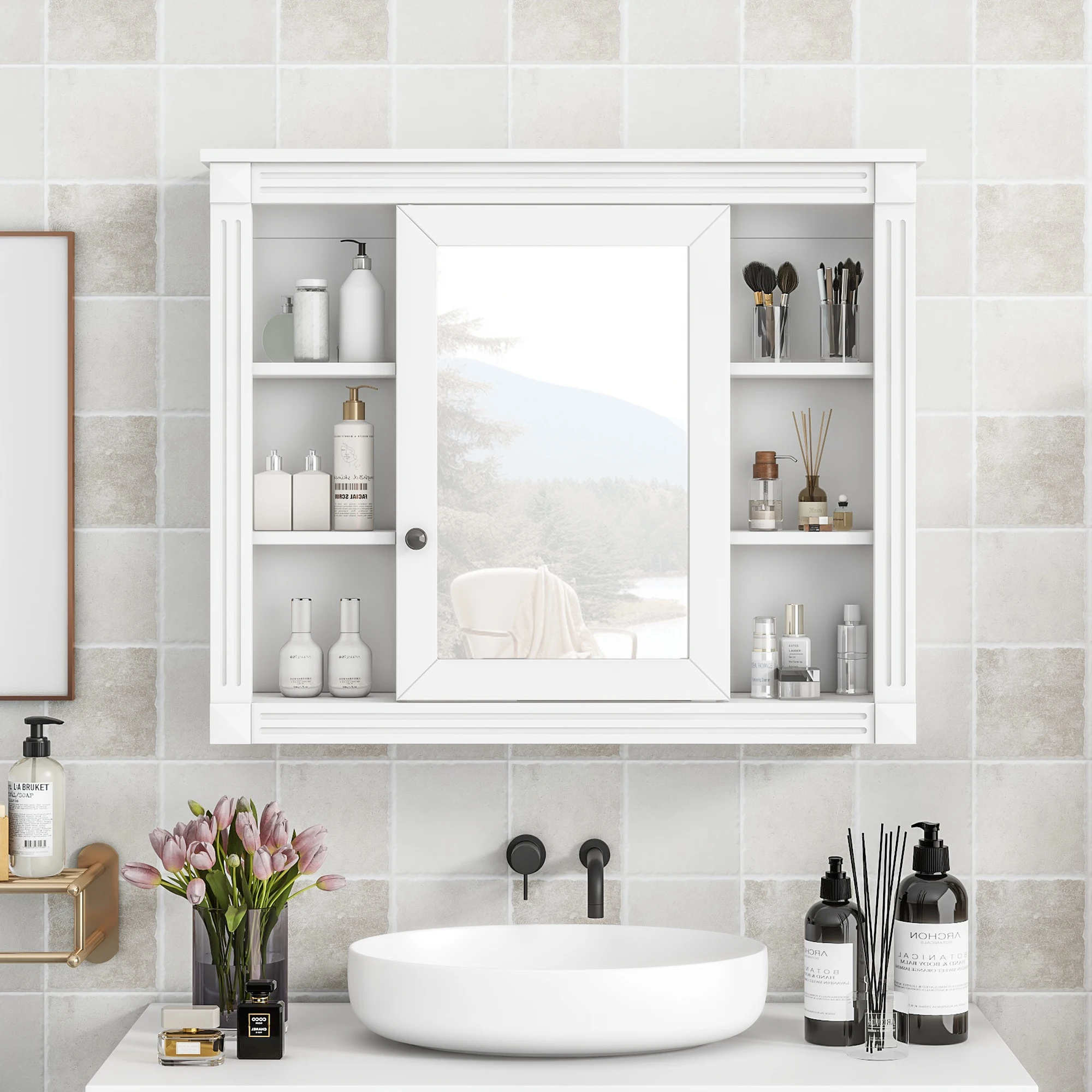 35'' x 28'' Wall Mounted Bathroom Storage Cabinet, Modern Bathroom Wall Cabinet with 6 Open Shelves And Mirror