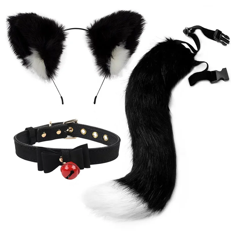 3 pçs/set pele macia raposa cauda orelhas de gato headwear laço sino colar cosplay traje lobo therian conjunto feminino festa de halloween accessori