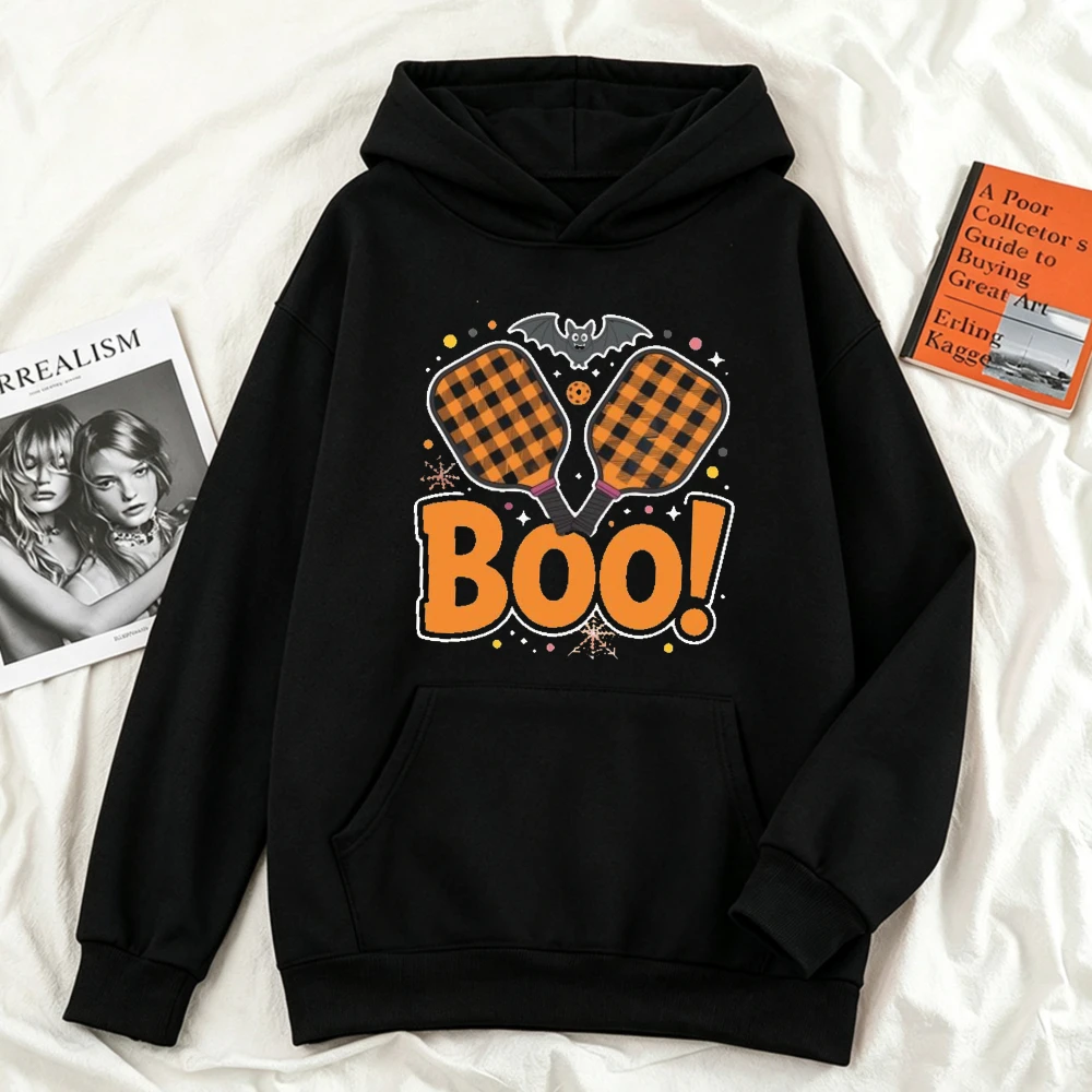 Boo Pickleball Paddles Hoodie Men Women Funny Halloween Plaid Bat Graphic Pullover Fall Spooky Season Sweatshirt Men Clothing