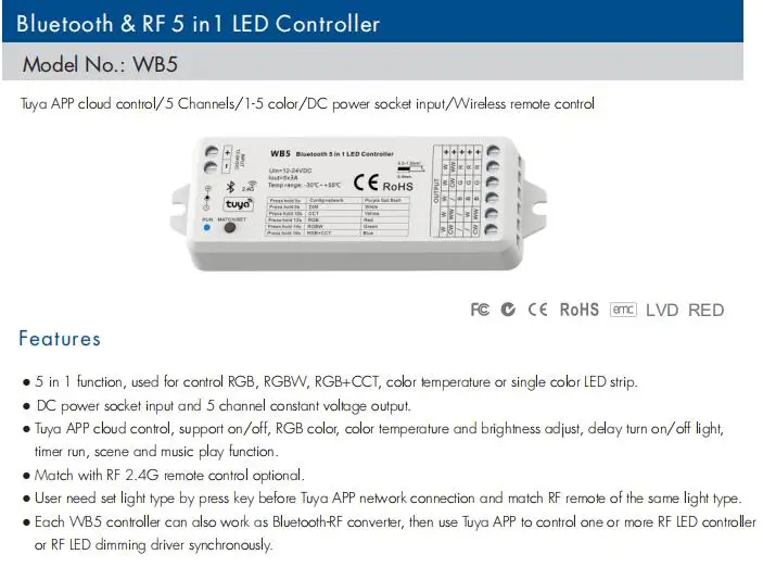 WT5 WiFi / WB5 Bluetooth 5 in1 Smart RF Controller Compatible Tuya Voice control for Single Color RGB,RGBW,RGB+CCT,CCT LED Strip