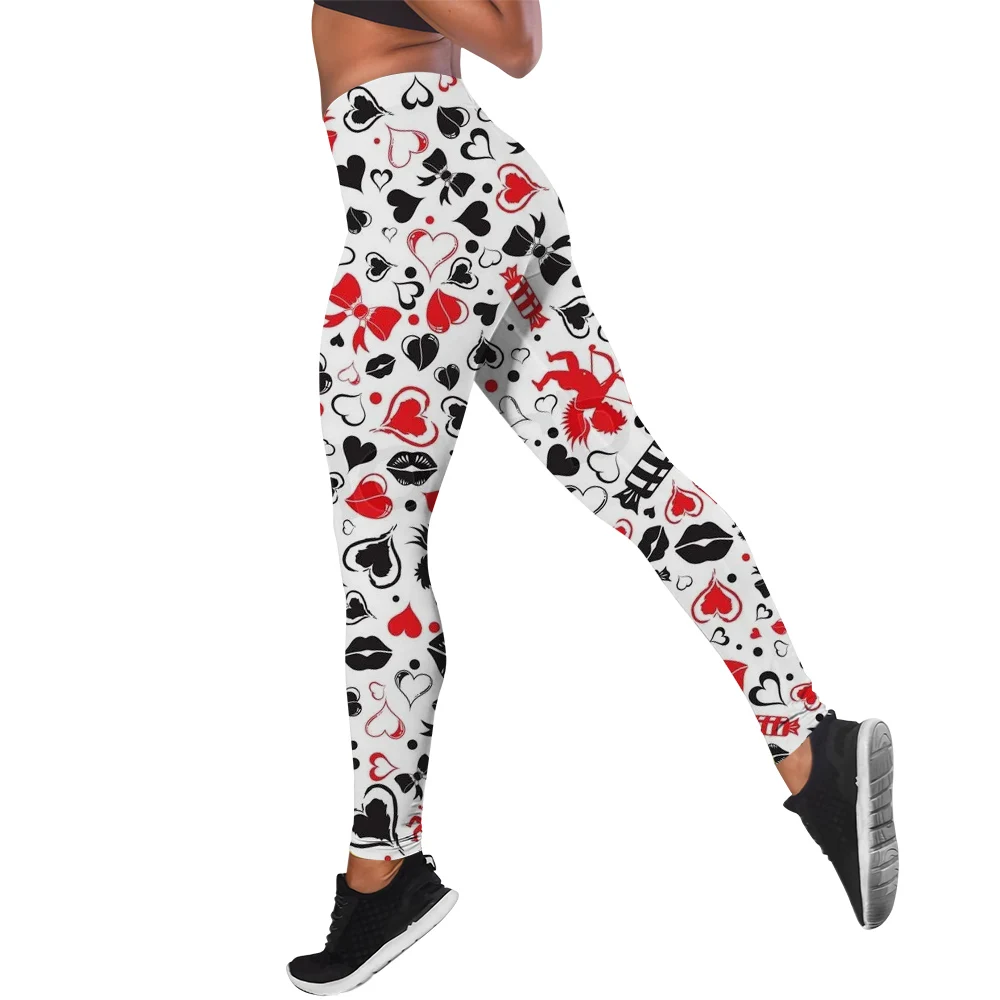 CLOOCL Women Leggings Peach Heart Playing Cards Printed Mid Waist Elasticity Legging for Female Outdoor Jogging Sweatpants