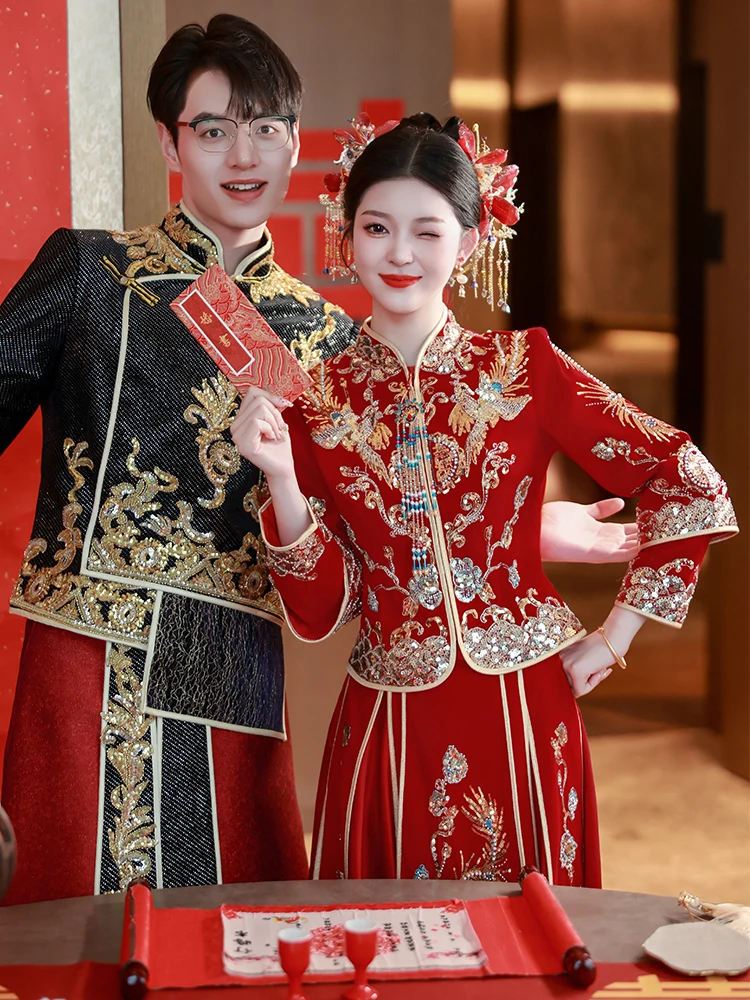 

2024 New Wedding Velvet Chinese Sle Slimming Marriage Dr Long Sve Dragon And Phoenix Patterned Polyester Fa...