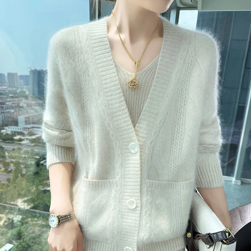 100% Pure Mink Cashmere Knit Cardigan Women V-Neck Loose Jacquard Coat Fashion Twist Long-Sleeved Blouse Animal Hair Joker Shirt