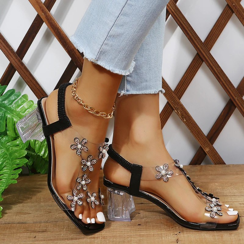 Sandals Women Summer New Fashion Women\'s Sandals 2022 Flowers Rhinestone Sandals Transparent Root Open Toe Sandals Woman Shoes