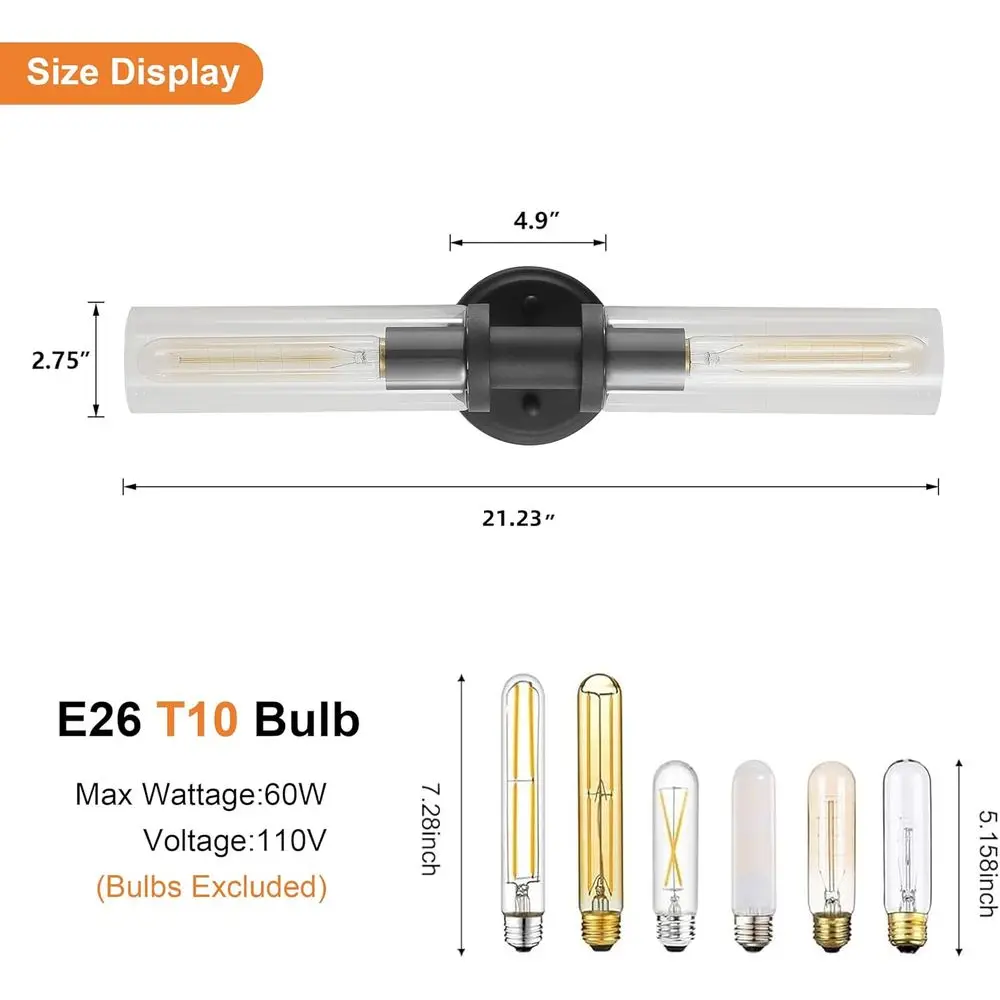 โคมไฟติดผนังสีดำด้านสไตล์โมเดิร์นพร้อมกระจกใสสำหรับห้องน้ำ ห้องนั่งเล่น และห้องนอน