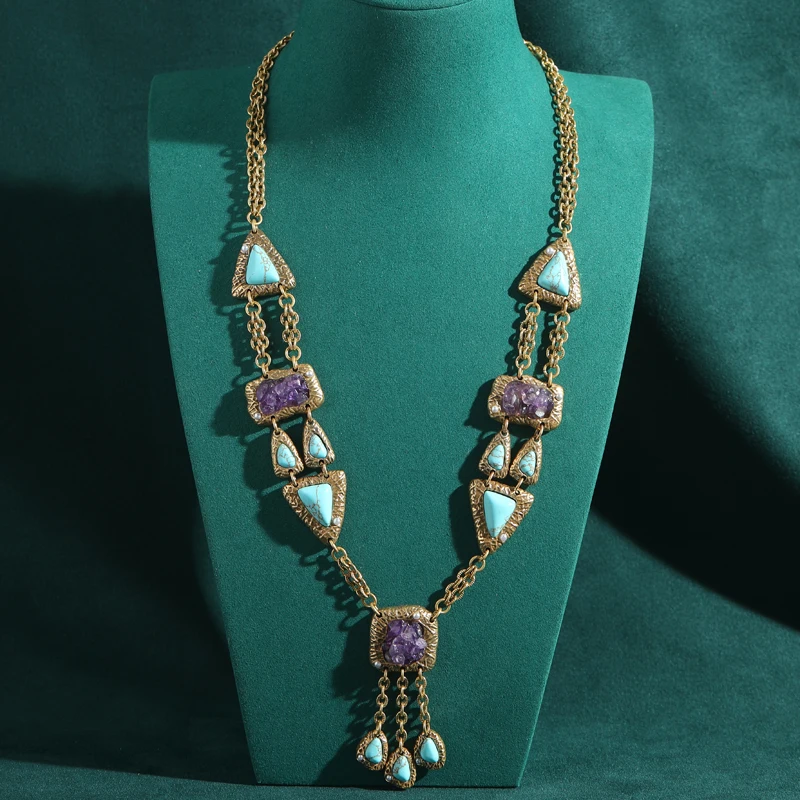 

Винтажный воротник-колье, ожерелье, ювелирные изделия, синий треугольник, натуральный камень, фиолетовая подвеска-цепочка, антикварная роскошная женская свадьба, дизайнер