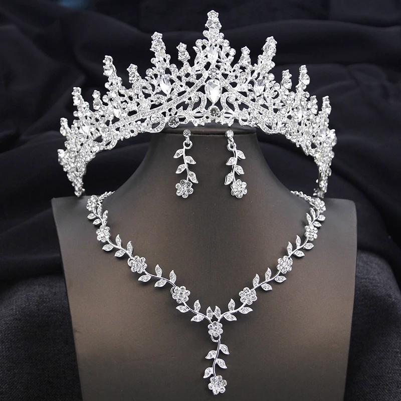 Royal Queen Crown Bridal Jewelry Sets for Women 3 Pcs Bride Tiaras and Necklace Set Girls Party Birthday Wedding Accessories