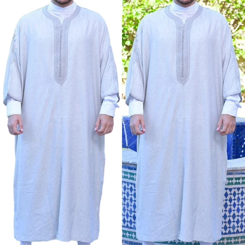 Mens Robe Muslim Clothes Loose Crew Neck Arab Middle Durable Kaftan Muslim Thobe Dubai Long Sleeve Gown Ethnic Clothes