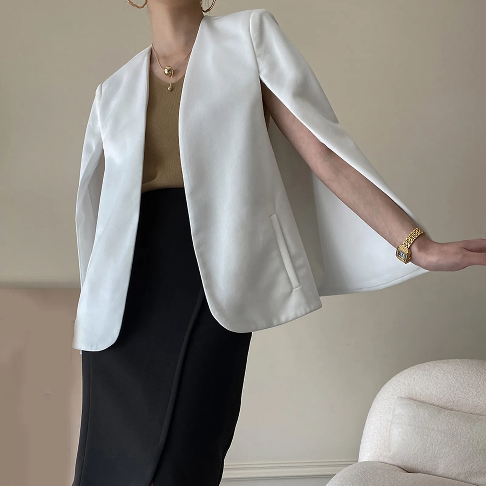 

Korean Fashion Blazer Women Suit Jackets Elegant Sense Small Cape Suit Women's Fashion Suit Sleeveless Short Outerwears Blazers