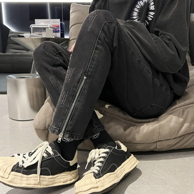 

American Retro Fashion High Street Jeans for Men Korean Loose Straight Tube Pants Trendy Brand Side Zipper Design Denim Trousers