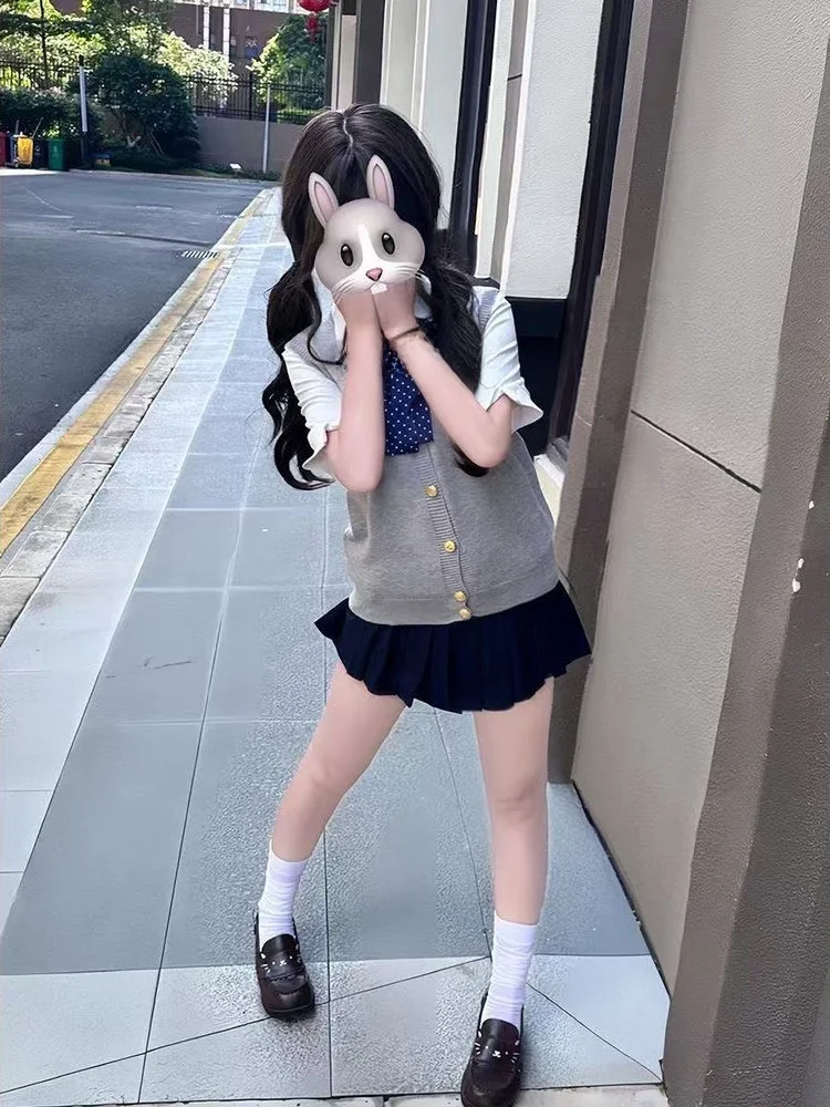 

Оригинальный дизайн, тонкий вязаный школьный orm Jaet Vest ort Sve Summer Faion, комплект для женщин, воротник, застежка на пуговицы