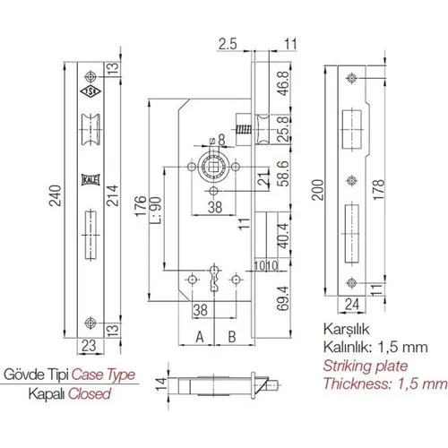 Kae Extra Mortise Door Lock 40 Mm Square Yellow 151 R4000025