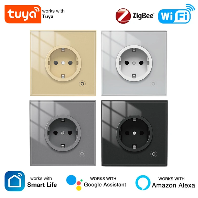 

Tuya WiFi/ZigBee Smart Wall Socket,Glass Panel Outlet,Power Monitor,Wireless Control Mesh with Timer,Alexa Google Home voice EU