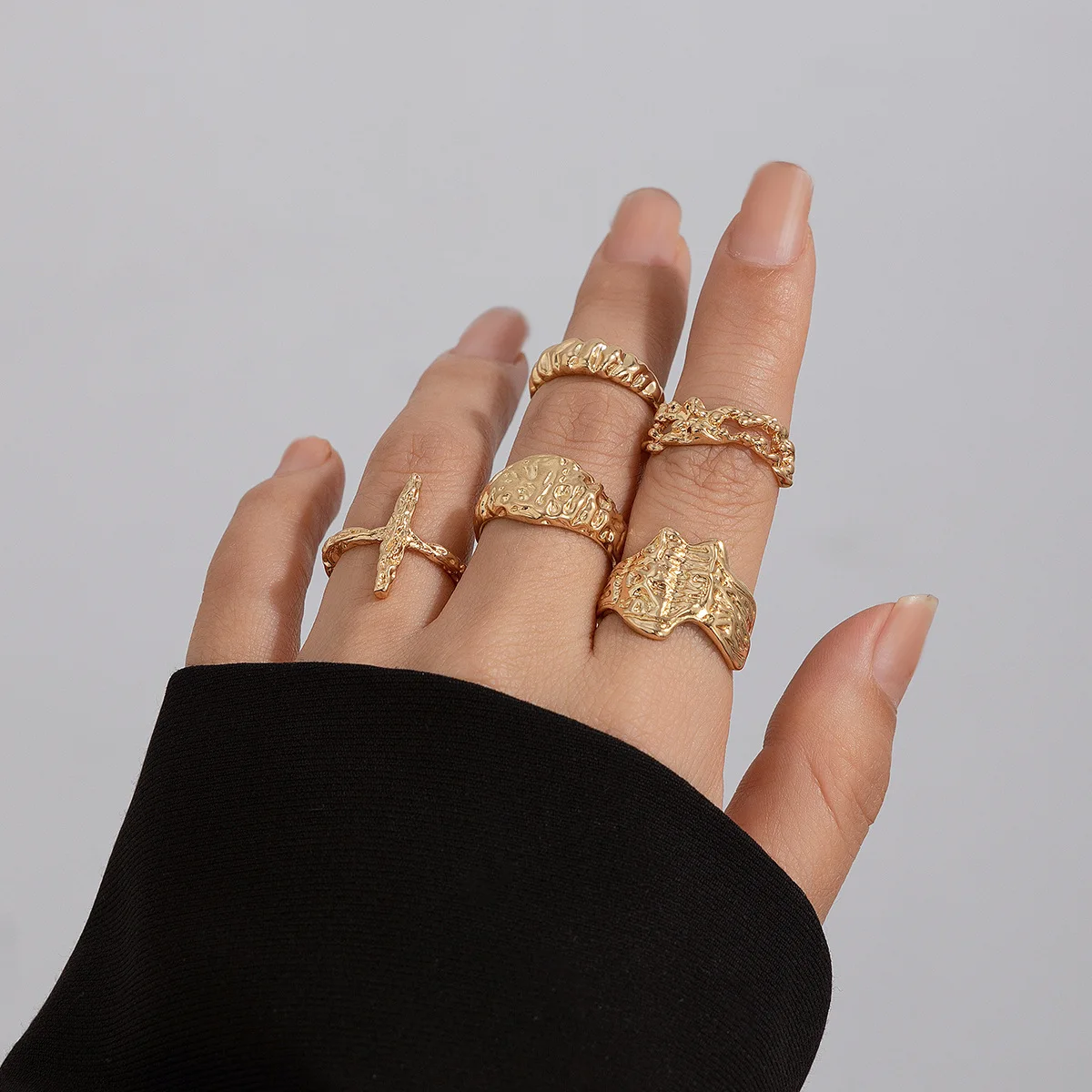 Glossy Stainless Steel Ring Woman Metallic Style Jewellery Women Irregular Jewelry Sets Geometry Texture Tiki Lava Lines Rings