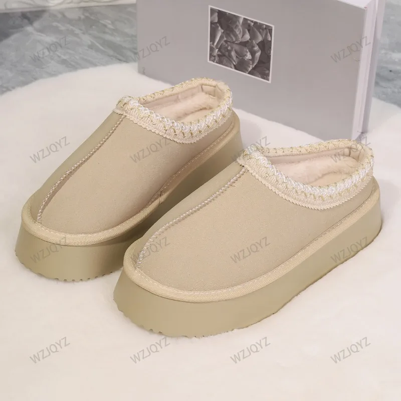 أحذية الثلوج النساء شتاء جديد الكشمير باطن سميكة دافئة دون كعب مغطاة الشعر نصف النعال أحذية قطنية الكشمير الأحذية الدافئة #4