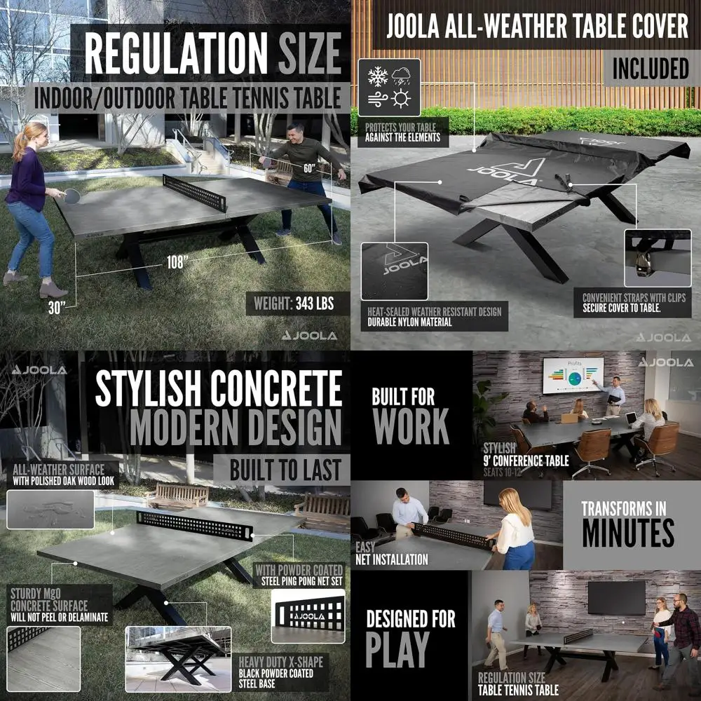 

Универсальный бетонно-деревянный стол для настольного тенниса с функцией обеденного стола, комплектом уличных сеток и возможностью гибридной игры (для улицы и помещений)