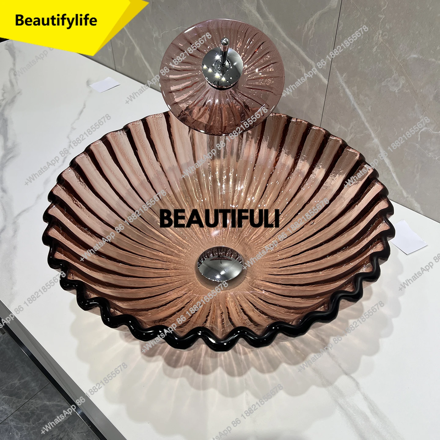 

a13 Transparent green tempered glass washbasin, modern round bathroom countertop basin, creative wave striped art washbasin