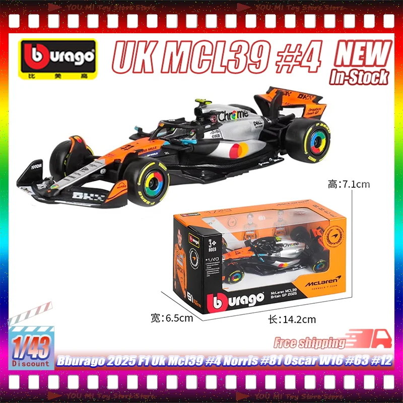 

1:43 In Stock Bburago 2025 F1 Uk Mcl39 #4 Norris #81 Oscar W16 #63 Russell #12 Antonelli Alloy Die-Casting Model Kids Toys Gifts