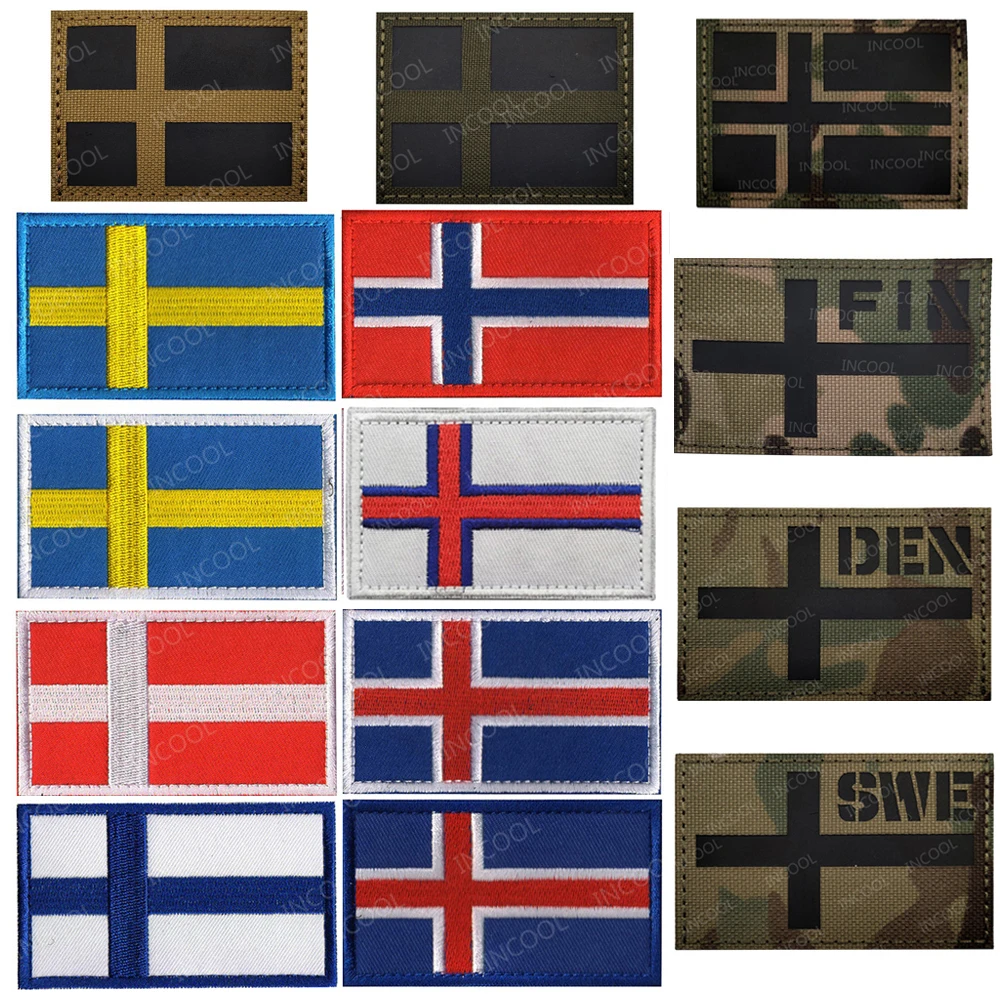 Embroidered IR Reflective Sweden Switzerland Norway Denmark Iceland Finland Flag Patches Appliqued Sticker Strip Badges