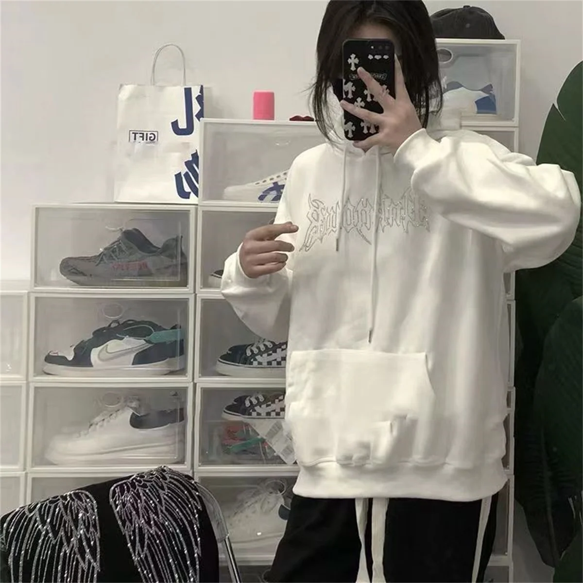 Fashion Diamonds Wings Print Hoodie Women Winter Autumn Black Tops Ulzzang Hip Hop Harajuku Pullover Hooded Hoodie Sweatshirts