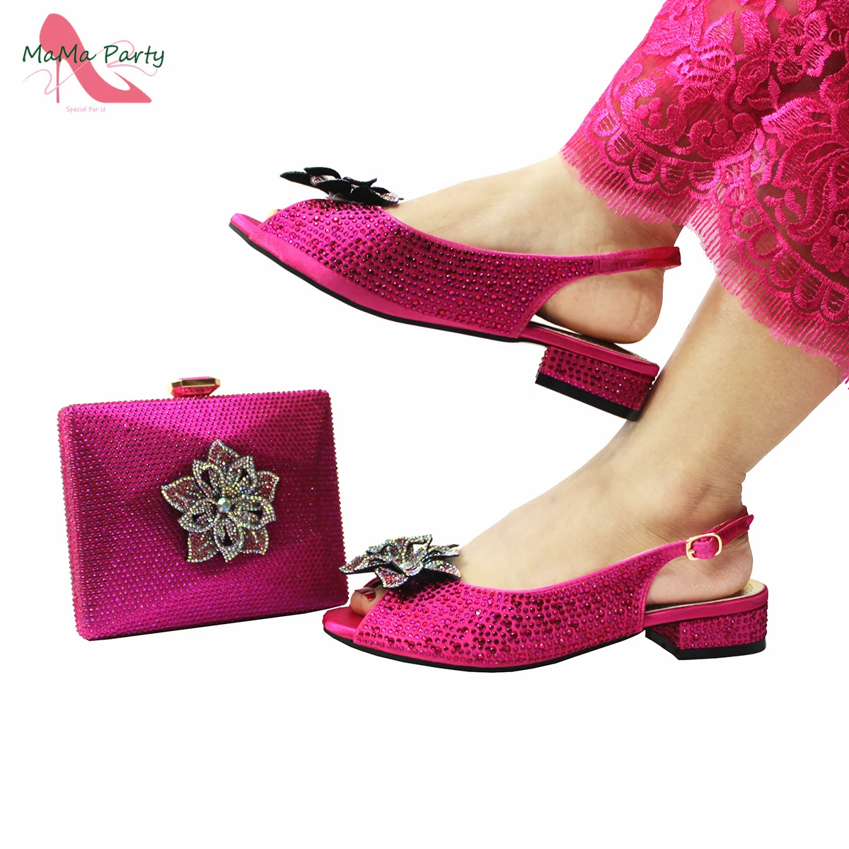 Low Heels Comfortable High Quality Italian Shoes and Bag Set in Fuchsia Color with Crystal for Wedding Party