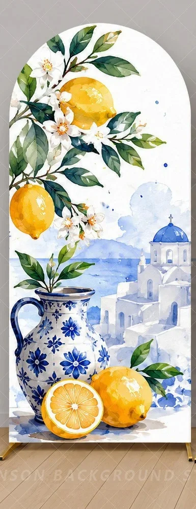 Mediterranean Lemon Blue Tile Arch Cover Backdrop Amalfi Coast flower Bridal Shower Party background