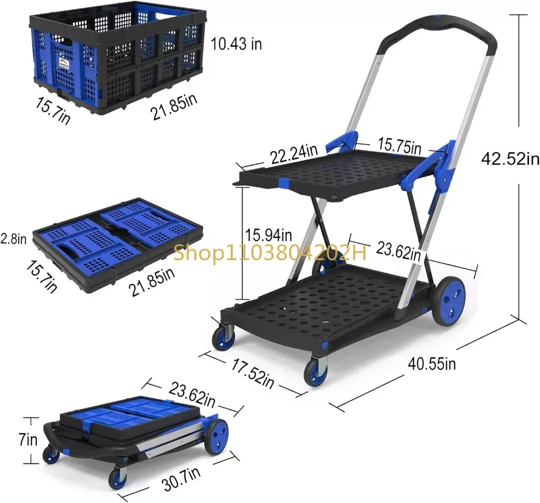 Grocery Shopping Cart with 2 Storage Crates Multi Use Functional Collapsible Carts Blue