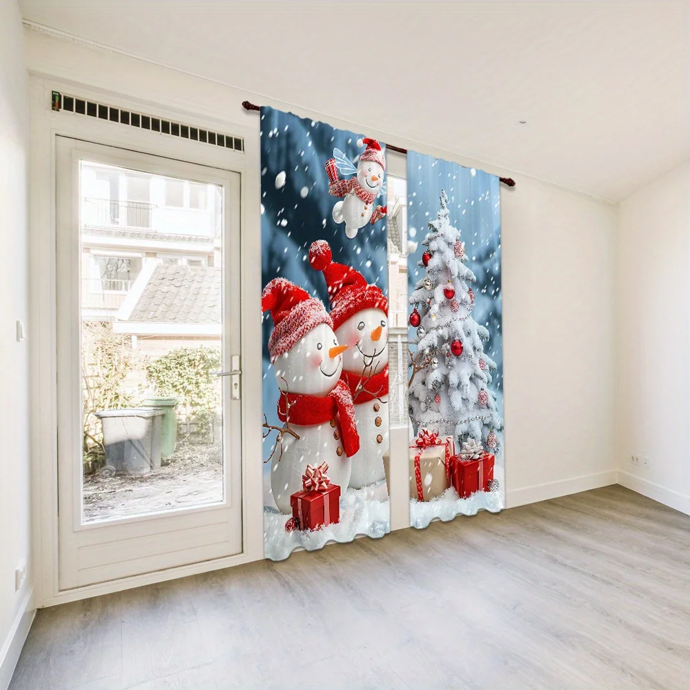 2-Piece Christmas Snowman Curtain Set Merry Christmas Theme Rod Pocket Design For Easy Hanging For Bedroom Living Room Kitchen