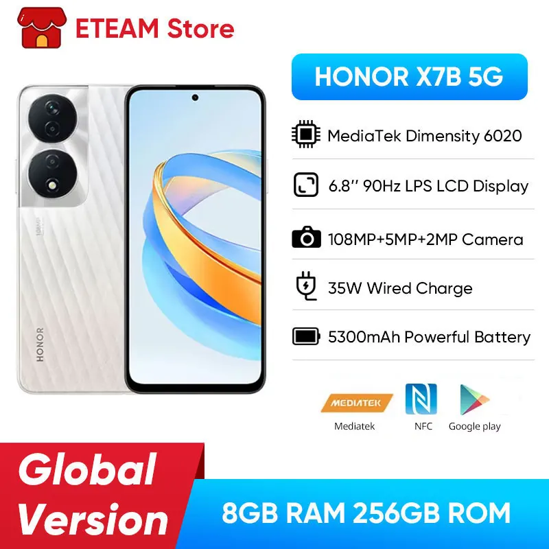 2024 جديد HONOR X7b 5G هاتف ذكي MediaTek الأبعاد 6020 6.8 بوصة 90 هرتز عرض معدل التحديث بطارية 6000 مللي أمبير في الساعة كاميرا 108 ميجابكسل 7b 7