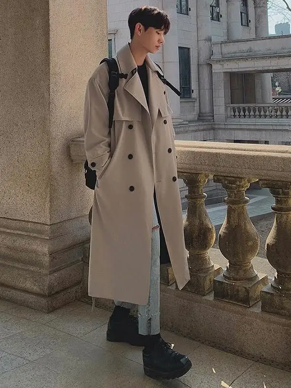 

Trench Coat Gabardine Mens Mans Windbreakers Overfit Fall Embroidered Regular Mature Fishing Capote Italian Multi-Pocket Green