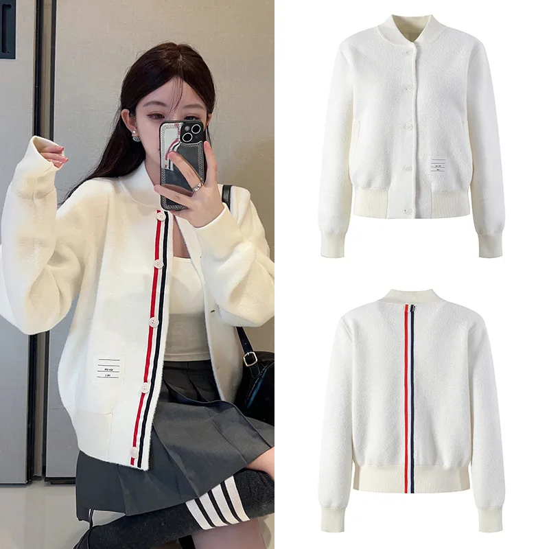 Preppy Style Fashion Knitted Woolen Coat Women Casual Three-Colour Webbing Baseball Uniform Elegant Loose White Cardigan Jacket