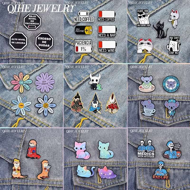 3-7pcs/sets Cartoon Anime Middle Finger Rude Cat Enamel Pins Low Battery Daisy Flower Brooches Backpack Lapel Badge Jewelry Gift