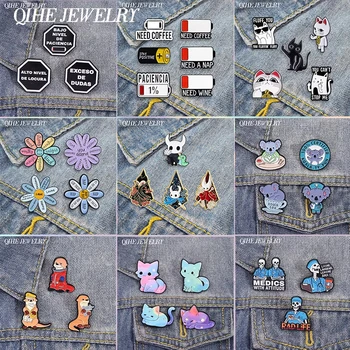 3-7 unids/set dibujos animados Anime dedo medio gato grosero esmalte Pins batería baja Margarita flor broches mochila solapa insignia regalo de joyería